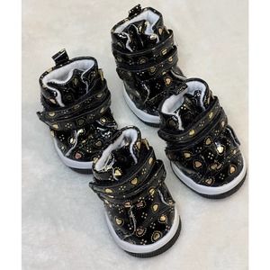 Parisian Pet Black Boots Golden Hearts. Double Cinch Straps Rear Pull Tabs SZ XL